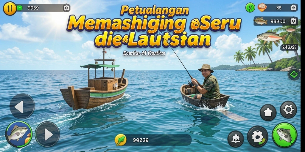 Tampilan gameplay yang menunjukkan aksi memancing di laut.