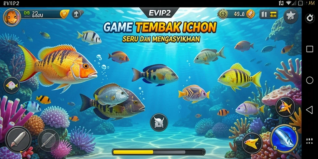 Tampilan gameplay seru dalam EVIP2 dengan beragam ikan untuk ditembak.