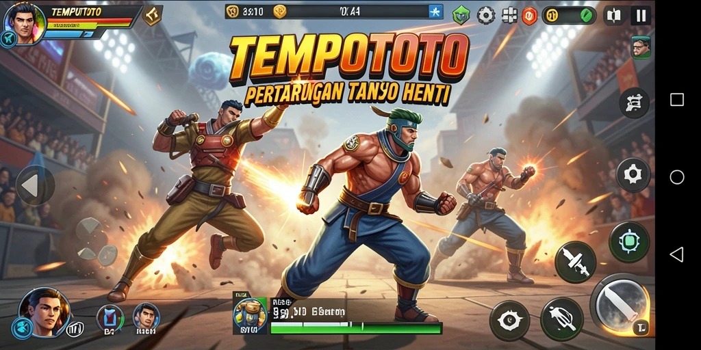 Screenshot gameplay TEMPOTOTO dengan aksi pertarungan seru dan karakter dinamis.