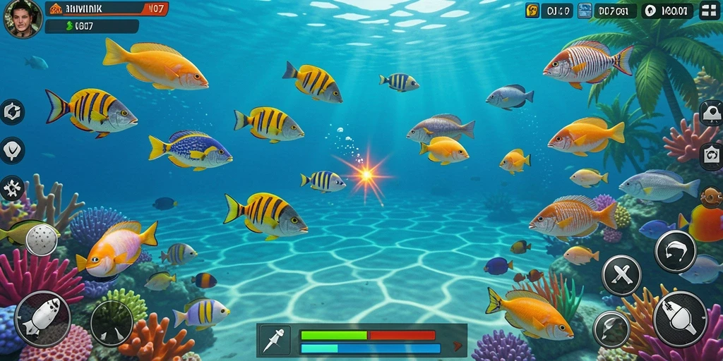 Tangkapan layar V07 menampilkan aksi seru menembak ikan.